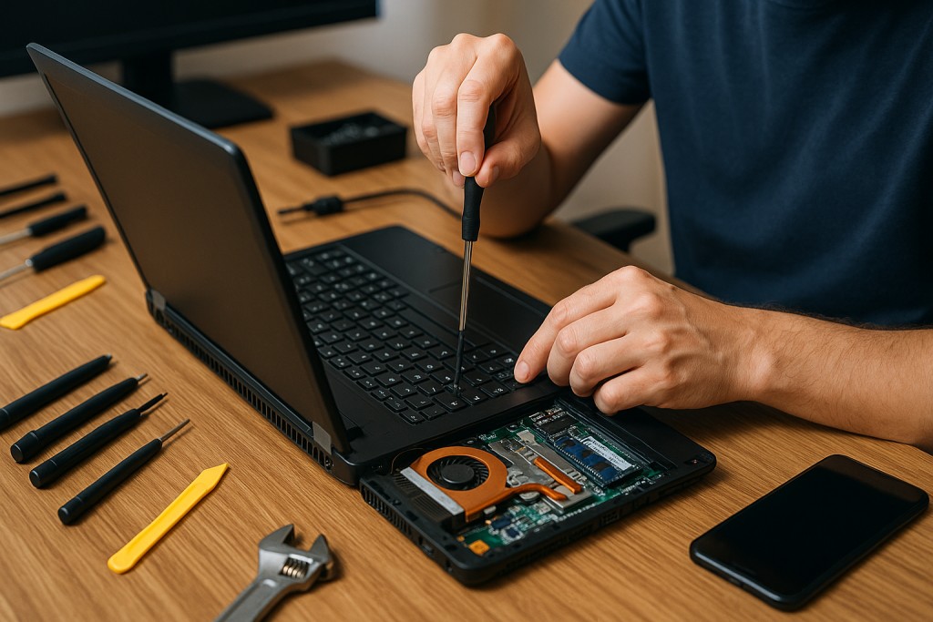 Technician configuring laptops and devices